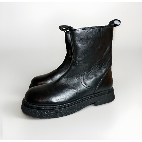 ZARA Women's Black Leather Zip Up Chunky Ankle Boots‎ Combat Moto US 7 EU 37 - Picture 1 of 13